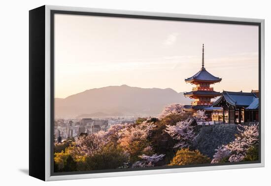 Sunset at Kiyomizu-Dera Temple and Cherry Blossom Season (Sakura) on Spring Time in Kyoto, Japan-thipjang-Framed Premier Image Canvas