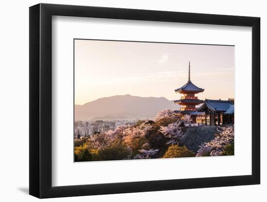 Sunset at Kiyomizu-Dera Temple and Cherry Blossom Season (Sakura) on Spring Time in Kyoto, Japan-thipjang-Framed Photographic Print