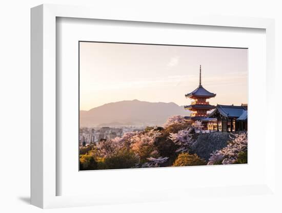 Sunset at Kiyomizu-Dera Temple and Cherry Blossom Season (Sakura) on Spring Time in Kyoto, Japan-thipjang-Framed Photographic Print