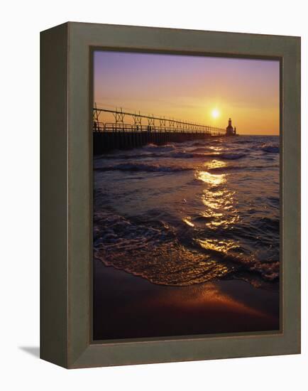 Sunset at Lighthouse, Lake MIchigan, MI-Mark Gibson-Framed Premier Image Canvas