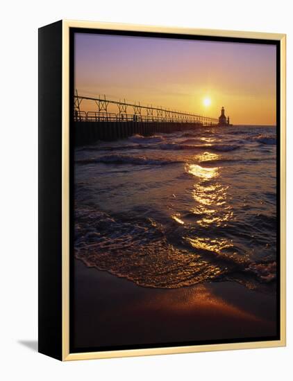 Sunset at Lighthouse, Lake MIchigan, MI-Mark Gibson-Framed Premier Image Canvas