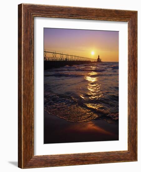 Sunset at Lighthouse, Lake MIchigan, MI-Mark Gibson-Framed Photographic Print