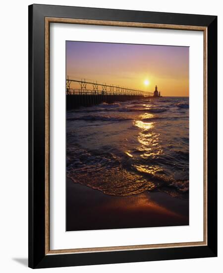 Sunset at Lighthouse, Lake MIchigan, MI-Mark Gibson-Framed Photographic Print