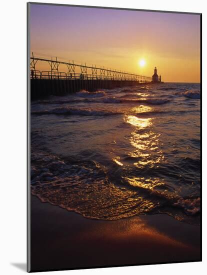 Sunset at Lighthouse, Lake MIchigan, MI-Mark Gibson-Mounted Photographic Print