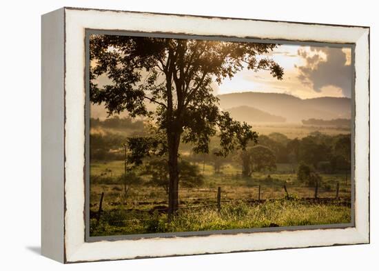 Sunset at the Gate of a Bonito Farm, with Rolling Hills in the Background-Alex Saberi-Framed Premier Image Canvas