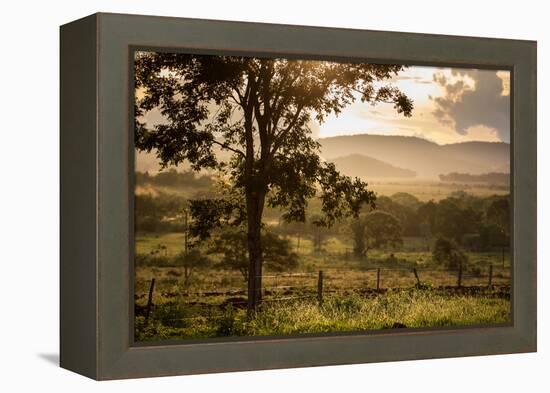 Sunset at the Gate of a Bonito Farm, with Rolling Hills in the Background-Alex Saberi-Framed Premier Image Canvas