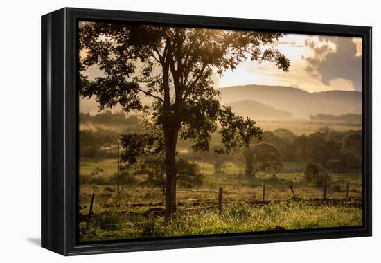 Sunset at the Gate of a Bonito Farm, with Rolling Hills in the Background-Alex Saberi-Framed Premier Image Canvas