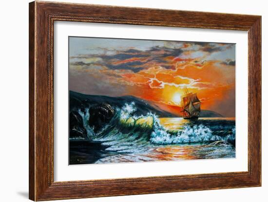 Sunset at the Sea. A Sailboat with Waves. Oil Painting-Gouache7-Framed Art Print