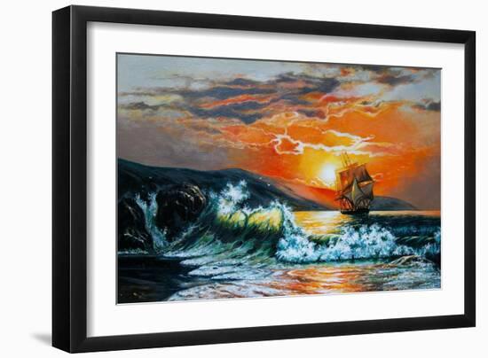 Sunset at the Sea. A Sailboat with Waves. Oil Painting-Gouache7-Framed Art Print