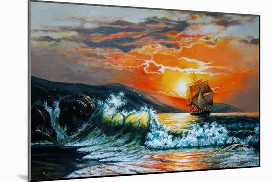 Sunset at the Sea. A Sailboat with Waves. Oil Painting-Gouache7-Mounted Art Print