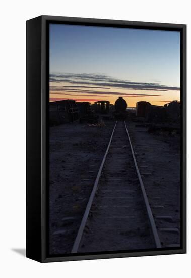 Sunset at the Train Graveyard in Uyuni, Bolivia-Alex Saberi-Framed Premier Image Canvas