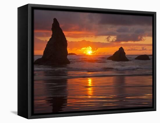 Sunset, Bandon Beach, Oregon, USA-Cathy & Gordon Illg-Framed Premier Image Canvas