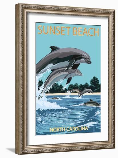 Sunset Beach - Calabash, North Carolina - Dolphins Jumping-Lantern Press-Framed Premium Giclee Print