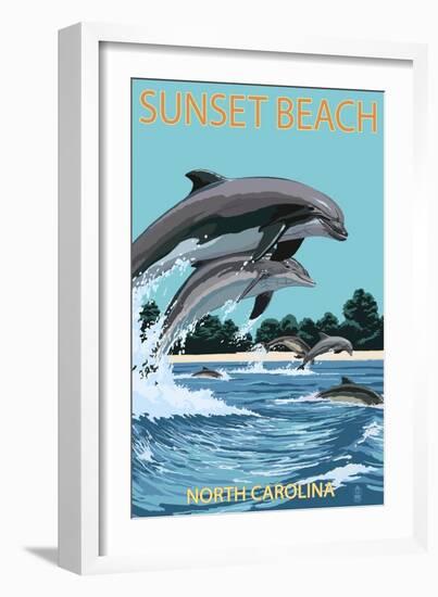 Sunset Beach - Calabash, North Carolina - Dolphins Jumping-Lantern Press-Framed Premium Giclee Print