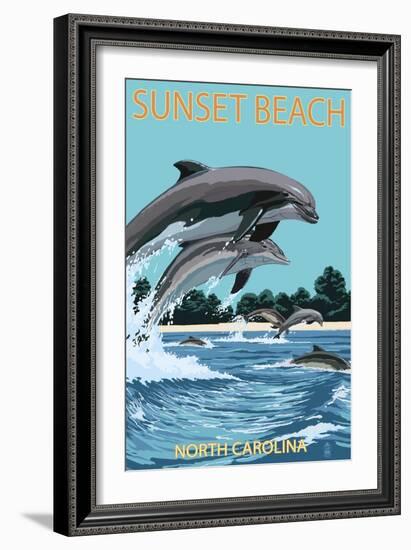 Sunset Beach - Calabash, North Carolina - Dolphins Jumping-Lantern Press-Framed Premium Giclee Print