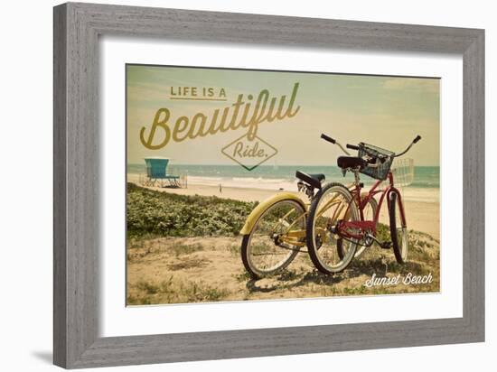 Sunset Beach, New Jersey - Life is a Beautiful Ride - Beach Cruisers-Lantern Press-Framed Art Print