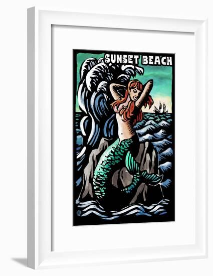 Sunset Beach, New Jersey - Mermaid Scratchboard-Lantern Press-Framed Art Print