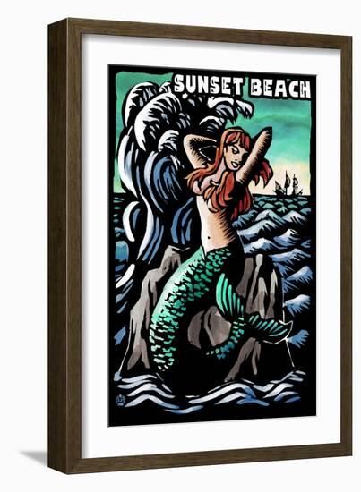 Sunset Beach, New Jersey - Mermaid Scratchboard-Lantern Press-Framed Art Print