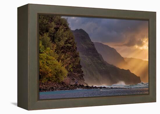 Sunset Beams at the Edge of Kauai, Hawaii-null-Framed Premier Image Canvas