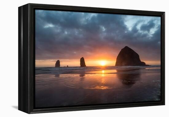 Sunset behind Haystack Rock at Cannon Beach on the Pacific Northwest coast, Oregon, United States o-Martin Child-Framed Premier Image Canvas