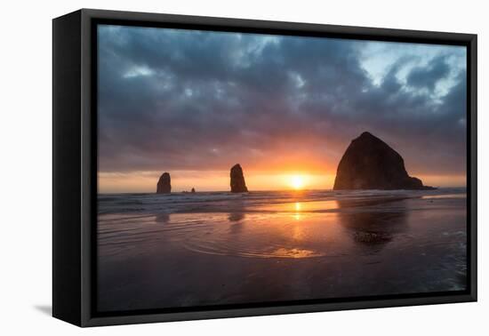 Sunset behind Haystack Rock at Cannon Beach on the Pacific Northwest coast, Oregon, United States o-Martin Child-Framed Premier Image Canvas