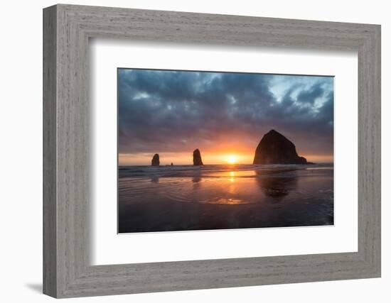 Sunset behind Haystack Rock at Cannon Beach on the Pacific Northwest coast, Oregon, United States o-Martin Child-Framed Photographic Print