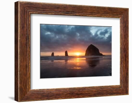 Sunset behind Haystack Rock at Cannon Beach on the Pacific Northwest coast, Oregon, United States o-Martin Child-Framed Photographic Print