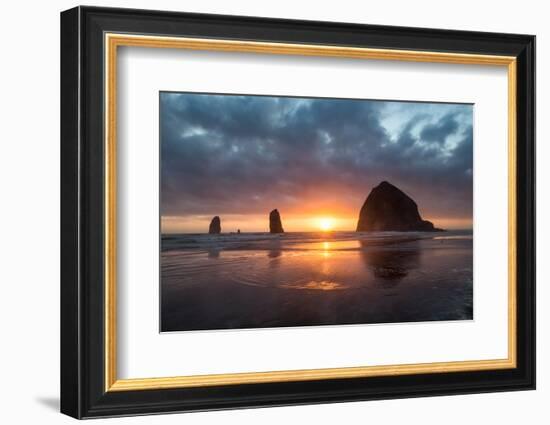 Sunset behind Haystack Rock at Cannon Beach on the Pacific Northwest coast, Oregon, United States o-Martin Child-Framed Photographic Print