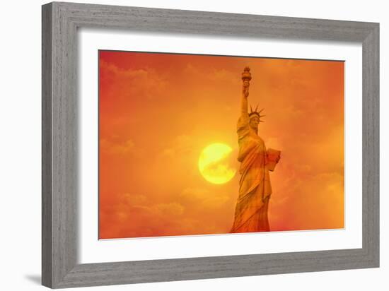 Sunset Behind the Statue of Liberty-Tony Craddock-Framed Photographic Print