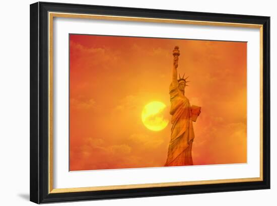 Sunset Behind the Statue of Liberty-Tony Craddock-Framed Photographic Print