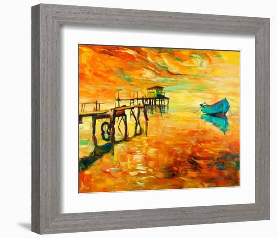 Sunset Boat and Jetty Painting-null-Framed Art Print