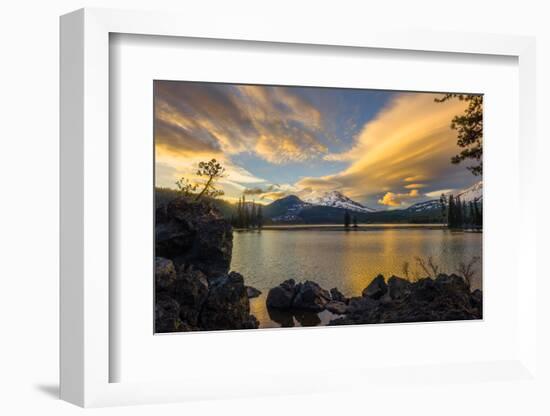 Sunset colors reflect off Diamond Lake from the lenticular clouds-Sheila Haddad-Framed Photographic Print