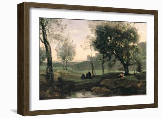 Sunset: Figures under Trees-Jean-Baptiste-Camille Corot-Framed Premium Giclee Print
