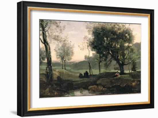 Sunset: Figures under Trees-Jean-Baptiste-Camille Corot-Framed Premium Giclee Print