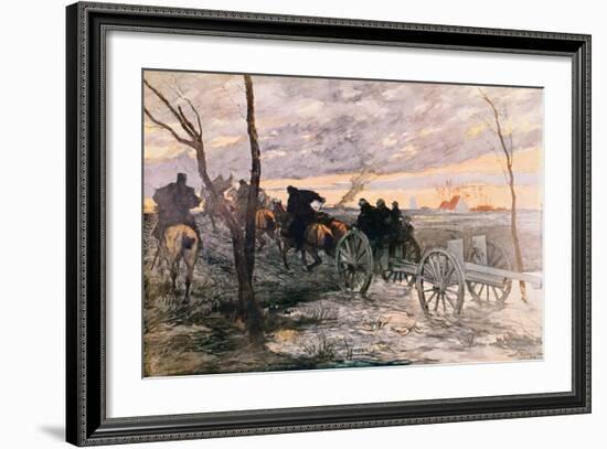 Sunset in the Valley of Yser: a 75 Cannon Being Wheeled to a Strategic Position, c.1914-Georges Bertin Scott-Framed Giclee Print