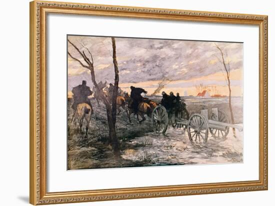 Sunset in the Valley of Yser: a 75 Cannon Being Wheeled to a Strategic Position, c.1914-Georges Bertin Scott-Framed Giclee Print