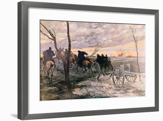 Sunset in the Valley of Yser: a 75 Cannon Being Wheeled to a Strategic Position, c.1914-Georges Bertin Scott-Framed Giclee Print