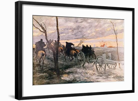 Sunset in the Valley of Yser: a 75 Cannon Being Wheeled to a Strategic Position, c.1914-Georges Bertin Scott-Framed Giclee Print