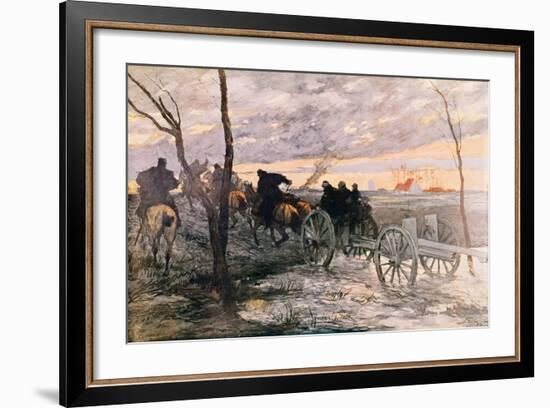 Sunset in the Valley of Yser: a 75 Cannon Being Wheeled to a Strategic Position, c.1914-Georges Bertin Scott-Framed Giclee Print