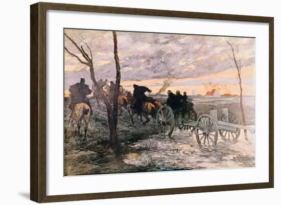 Sunset in the Valley of Yser: a 75 Cannon Being Wheeled to a Strategic Position, c.1914-Georges Bertin Scott-Framed Giclee Print