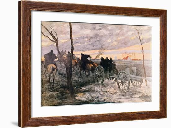 Sunset in the Valley of Yser: a 75 Cannon Being Wheeled to a Strategic Position, c.1914-Georges Bertin Scott-Framed Giclee Print