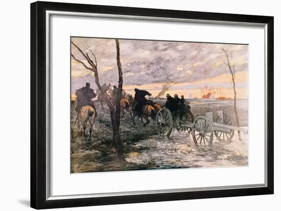 Sunset in the Valley of Yser: a 75 Cannon Being Wheeled to a Strategic Position, c.1914-Georges Bertin Scott-Framed Giclee Print