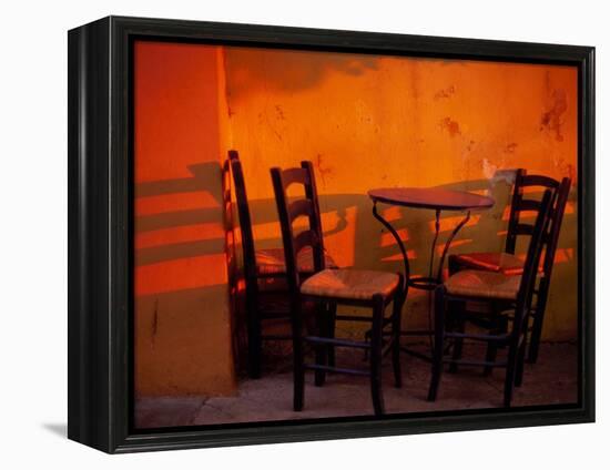 Sunset Light on Cafe Tables, Athens, Greece-Walter Bibikow-Framed Premier Image Canvas