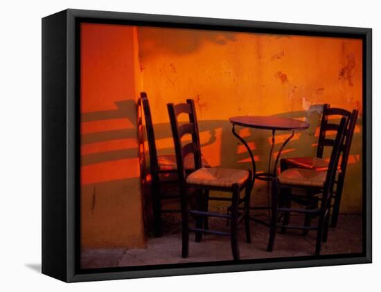Sunset Light on Cafe Tables, Athens, Greece-Walter Bibikow-Framed Premier Image Canvas