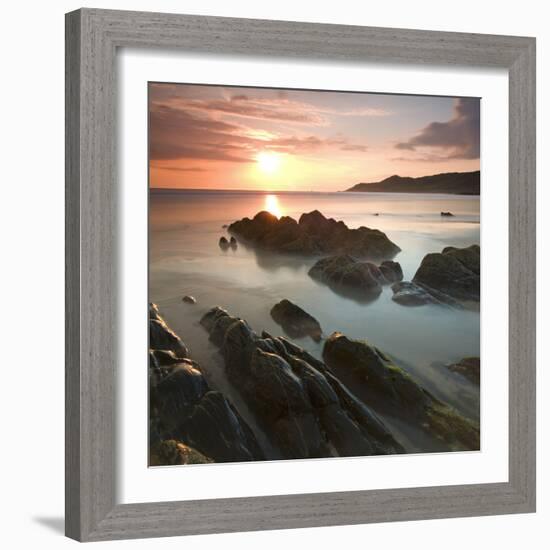 Sunset on Barricane Beach, Woolacombe, Devon, England. Summer-Adam Burton-Framed Photographic Print