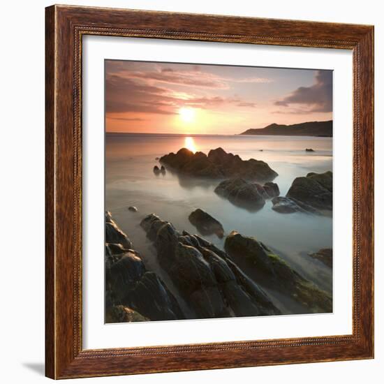 Sunset on Barricane Beach, Woolacombe, Devon, England. Summer-Adam Burton-Framed Photographic Print