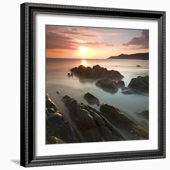 Sunset on Barricane Beach, Woolacombe, Devon, England. Summer-Adam Burton-Framed Photographic Print