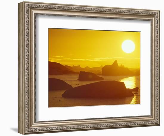 Sunset on Icebergs in the Bismark Strait, Petermann Island, Alaska, USA-Hugh Rose-Framed Photographic Print