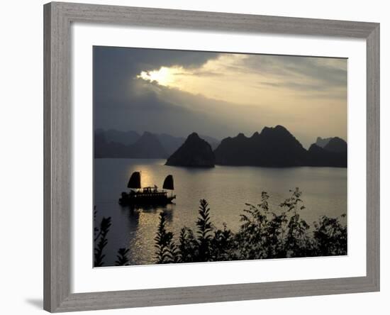 Sunset on Karst Hills and Junk Boats, Ha Long Bay, Vietnam-Keren Su-Framed Photographic Print