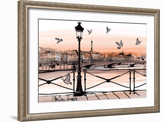 Sunset on Seine River from Pont Des Arts in Paris - Vector Illustration-isaxar-Framed Art Print